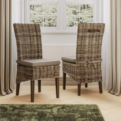 The Range Set Of 2 Ready Assembled Solid Pine Rattan Dining Chairs Greywash Finish - Natural Brown