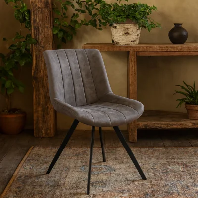 The Range Wyld Haus Arques Swivel Dining Chair - Grey Faux Leather, Industrial Metal Base - Dark Brown