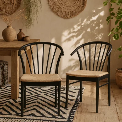 The Range Buenos Aires Scandinavian Dining Chairs Set of 2 Look with Off Woven Seats - Black