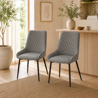 The Range Farazi Faux Leather Grey Quilted Dining Chairs Set of 2 with Steel Frame and Foot Caps