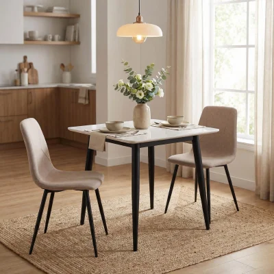 The Range FWStyle 3 Piece Dining Cream Sintered Stone Table Light Brown Chair  - Cream