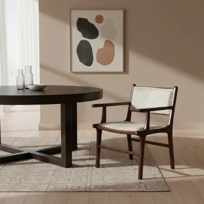 The Range Kendari Leather and Teak Wood Dining Chair - Brown, Cream