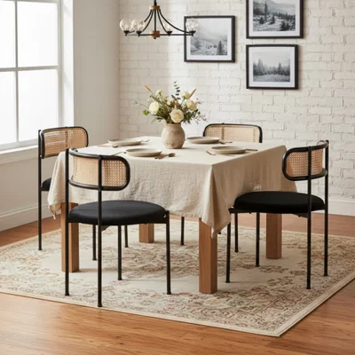 The Range Modern Black Velvet Dining Chair with Rattan Detail and Metal Legs, Set of 4 - Black