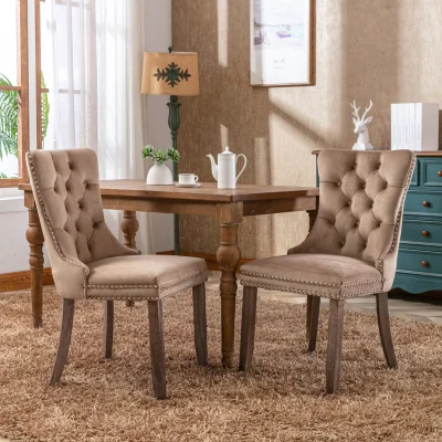 The Range Romsey Set of 2 Velvet Upholstered Dining Chairs with Oak Legs and Knocker Ring Back - Brown