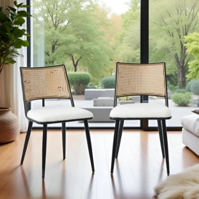 The Range Dining Chairs Set of 2 Mid-Century Kitchen Chair w Rattan Backrest Upholstered - White
