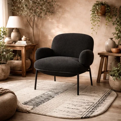 The Range Tritta Curved Sherpa Boucle Dining Chair with Matt Metal Legs - Black