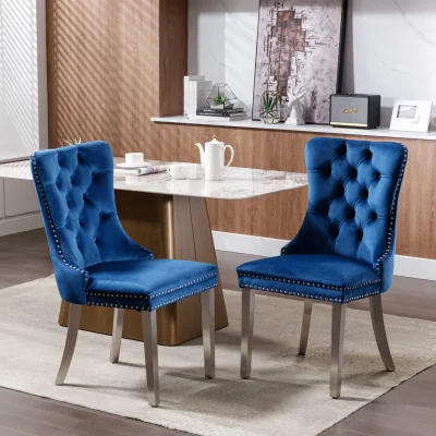 The Range Winchester Set of 2 Velvet Upholstered Kitchen Dining Chairs with Sliver Chrome Legs - Blue