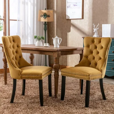 The Range Romsey Set of 2 Velvet Upholstered Dining Chairs with Oak Legs and Knocker Ring Back - Yellow