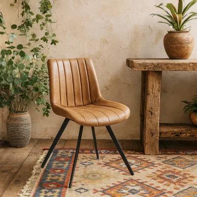 The Range Arques Tan Faux Leather Swivel Dining Chair - Industrial Metal Spiral Legs - Brown