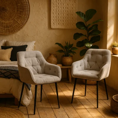 The Range Buttonfern Set of 2 Boucle Diamond Tufted Dining Chairs with Armrests - Beige