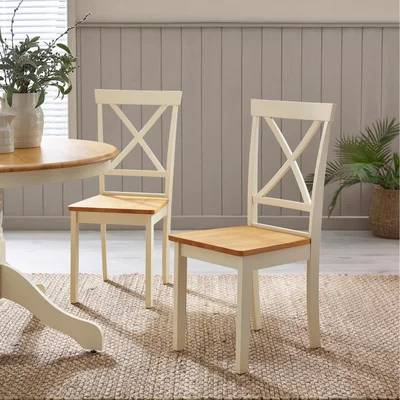 The Range Millford 2x Solid Wood Cross Back Dining Chairs - Oak & Cream