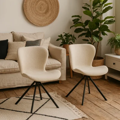 The Range Set of 2 Acorn Cream Bouclé Swivel Dining Chairs with Matt Black Steel Base - Cream