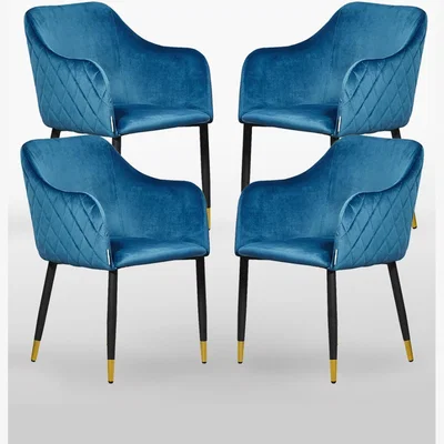 The Range Verona Velvet Dining Chair Set of 4 - Blue / Gold End Caps