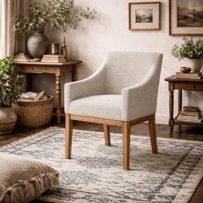 The Range Athenry Linen-Effect Upholstered Dining Chair, Cream Natural Wood Frame - Cream