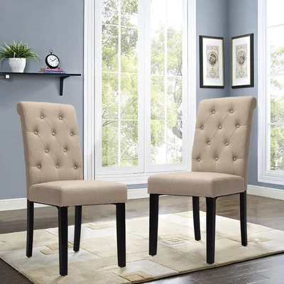 The Range 2PCS Linen Fabric Tufted Accent Dining Chair Studded Button High Back Scroll Top - Beige Yellow