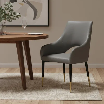 The Range Gilden Grey Leather Effect Dining Chair with Gold Tip Legs - Black, Grey