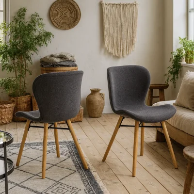 The Range Set of 2 Acorn Dining Chairs with Grey Bouclé Upholstery and Oiled Oak Legs - Grey
