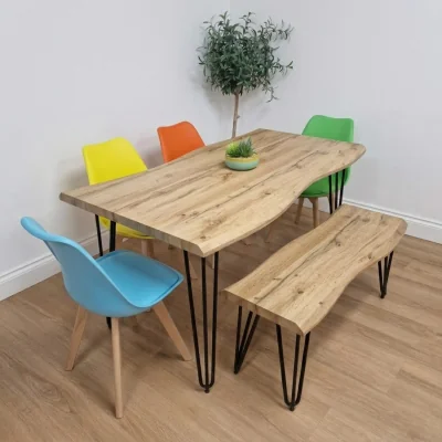 The Range Modern Dining Table 140cm with 4 Colourful Mixed Chairs and Stone Grey Wooden Bench Set - Brown