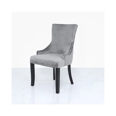 Teddy Beau Deco Home Grey Velvet Dining Chair With Studded Trims And Ring Knocker Back