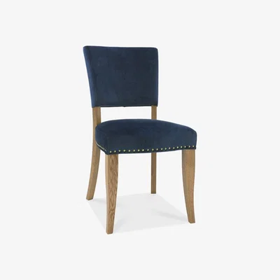 Teddy Beau Bentley Indus Rustic Oak Upholstered Velvet Dark Blue Dining Chairs