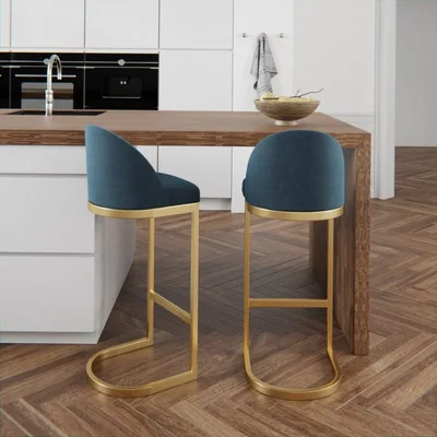 Cult Furniture Matteo Kitchen Stool with Backrest, Midnight Blue Velvet Leg Colour: Chrome
