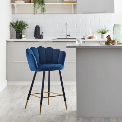 Dunelm Vivian Counter Height Bar Stool, Velvet Midnight (Blue)