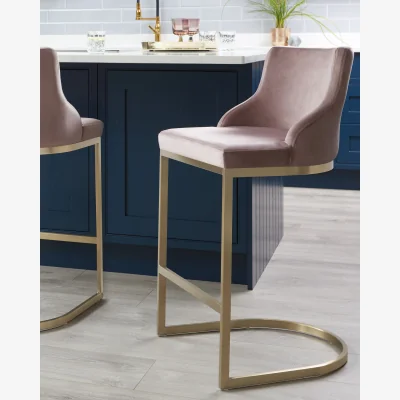 Danetti Form Blush Pink Velvet & Brass Bar Stool With Backrest