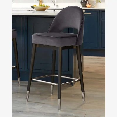 Danetti Clover Dark Grey Velvet Bar Stool With Stainless Steel Caps