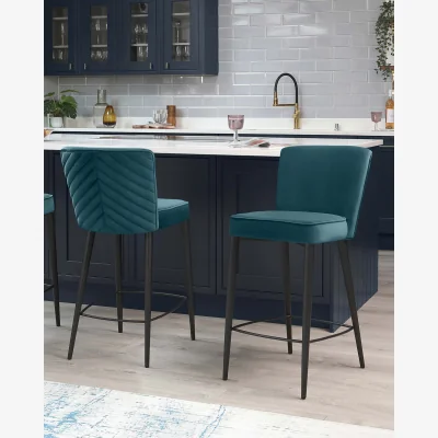 Danetti Serena Dark Teal Velvet Bar Stool With Black Metal Leg