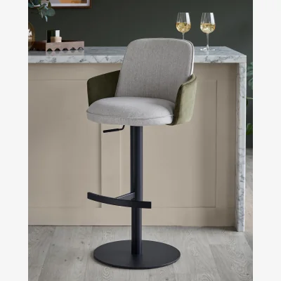 Danetti Wren natural fabric and olive green velvet gas lift bar stool