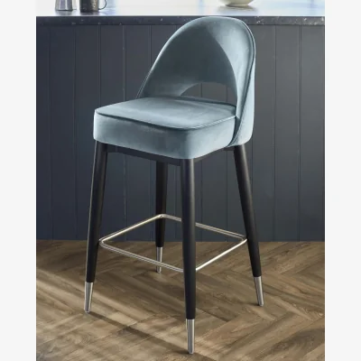 Danetti Clover Black Wood with Stainless Steel Caps Bar Stool in Blue Grey Plush Velvet