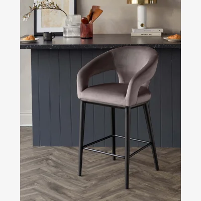 Danetti Heath Mocha Plush Velvet Black Wood Bar Stool