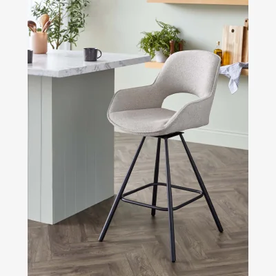 Danetti Marlow Swivel Black Metal Bar Stool Light Grey Boucle