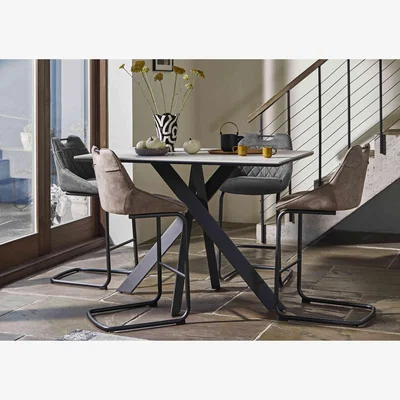 Furniture Village Warrior Crystal White Table and 4 Cantilever Bar Stools - White