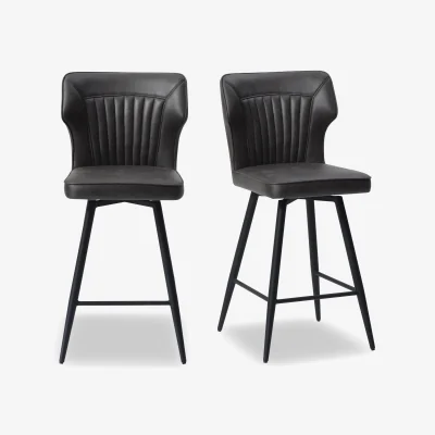 Furniture Village Jayden Pair of Faux Leather Swivel Bar Stools - Dark Grey