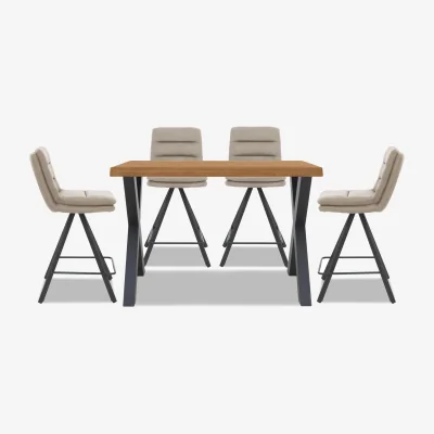 Furniture Village Bodahl - Hades 140cm Straight Edge Table with X Shaped Legs and 4 Njord Sand Fabric Swivel Bar Stools