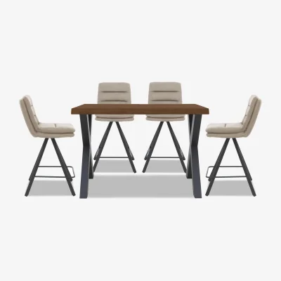 Furniture Village Bodahl - Hades 140cm Straight Edge Table with X Shaped Legs and 4 Njord Sand Fabric Swivel Bar Stools - Old Bassano