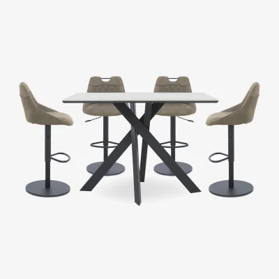 Furniture Village Warrior Crystal White Table and 4 Swivel Bar Stools - Taupe