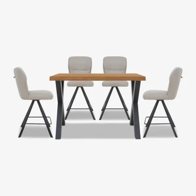 Furniture Village Bodahl - Hades 140cm Straight Edge Table with X Shaped Legs and 4 Terra Taupe Fabric Swivel Bar Stools