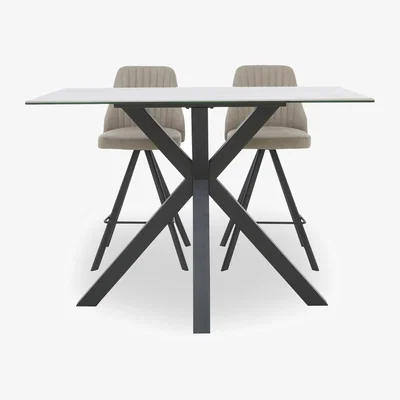 Furniture Village Vida White Table and 2 Swivel Bar Stools - Light Grey
