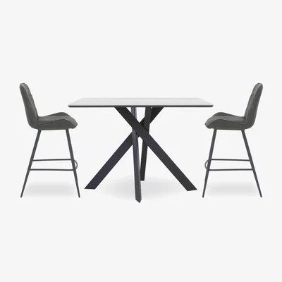 Furniture Village Warrior Crystal White Table and 2 Standard Bar Stools - White