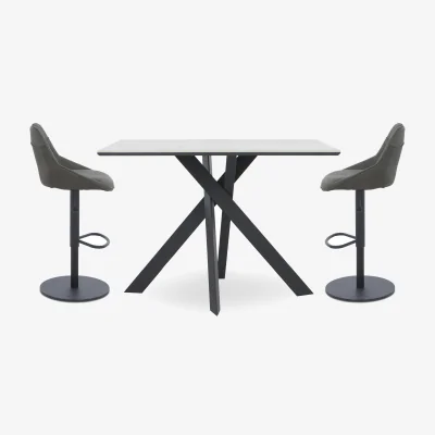 Furniture Village Warrior Crystal White Table and 2 Swivel Bar Stools - Grey