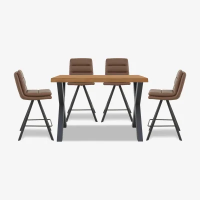 Furniture Village Bodahl - Hades 140cm Straight Edge Table with X Shaped Legs and 4 Njord Tan Faux Leather Swivel Bar Stools