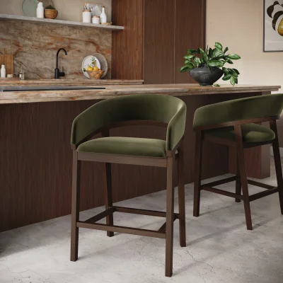 Furniture123 Set of 2 Walnut & Olive Green Velvet Curved Kitchen Stools with Backs - Owen