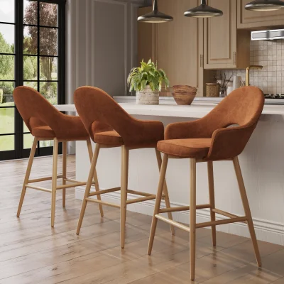 Furniture123 Set of 3 Oak and Burnt Orange Upholstered Kitchen Stools with Back - Colbie