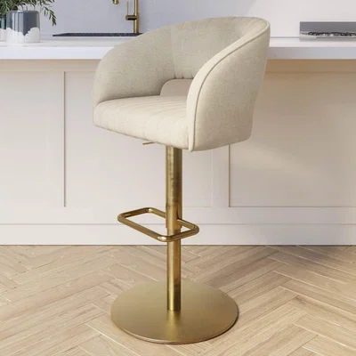Furniture123 Curved Beige Fabric Adjustable Swivel Bar Stool with Gold Base - Runa