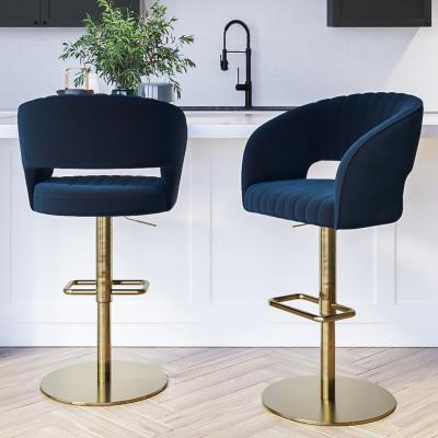 Furniture123 Set of 2 Curved Navy Velvet Adjustable Swivel Bar Stools with Backs - Runa