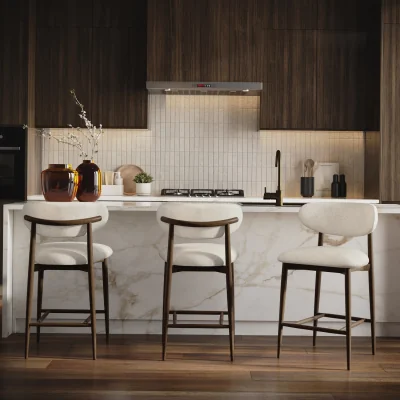 Furniture123 Set of 3 Walnut and Beige Upholstered Curved Kitchen Stools with Open Back - Kori