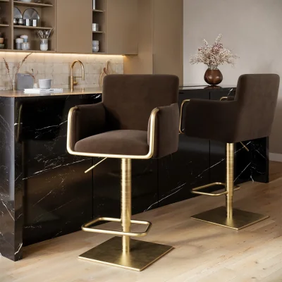 Furniture123 Set of 2 Brown Velvet Adjustable Swivel Bar Stools with Gold Base - Sonny