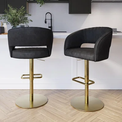 Furniture123 Set Of 2 Curved Black Faux Leather Adjustable Swivel Bar Stool with Gold Base - Runa